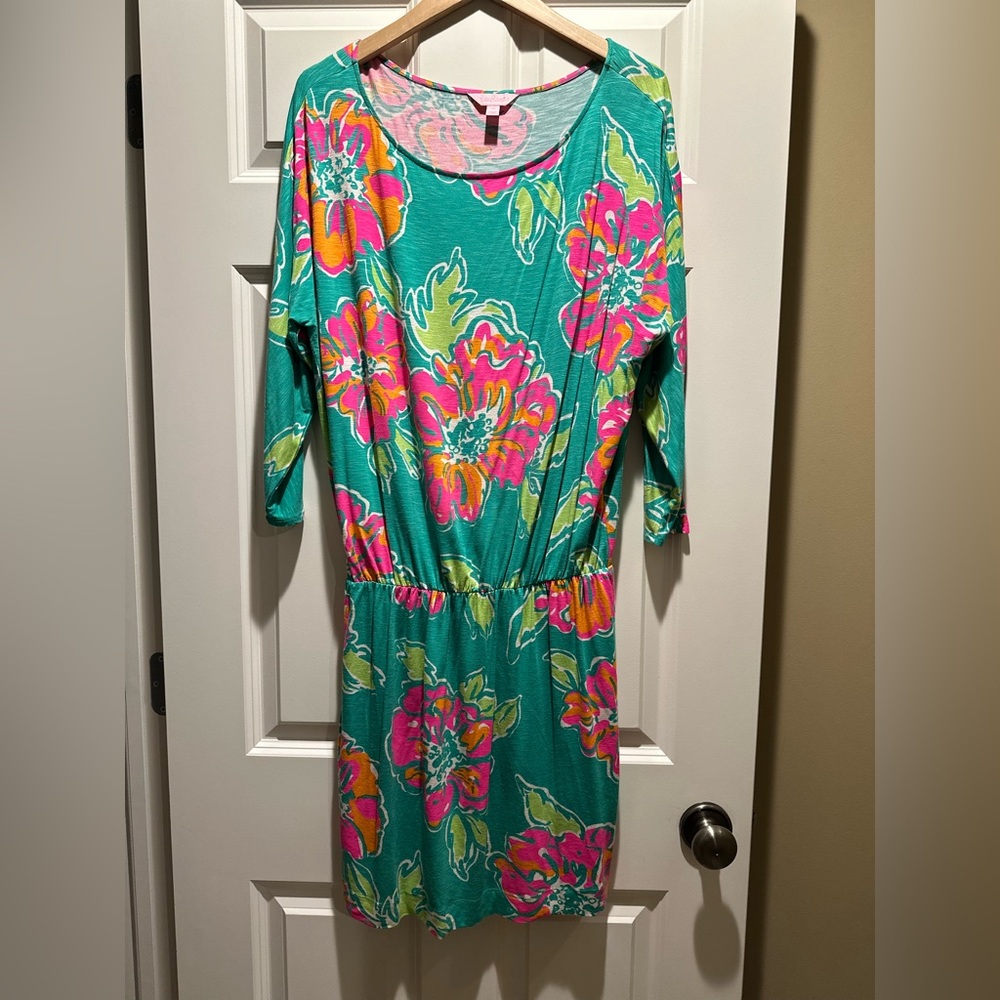 Lilly Pulitzer Cara Spearmint Green Pink Floral Dropped Waist Dress Medium